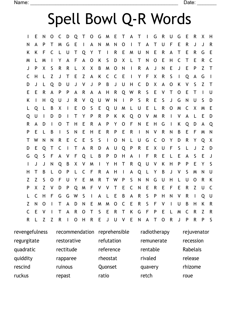 Spell Bowl Q-R Words Word Search