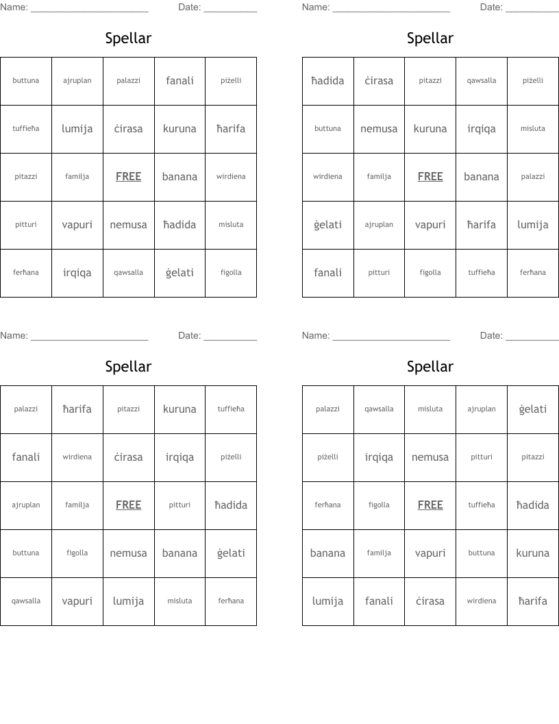 Spellar Bingo Cards