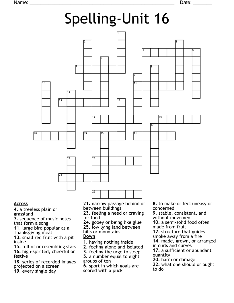 Spelling-Unit 16 Crossword