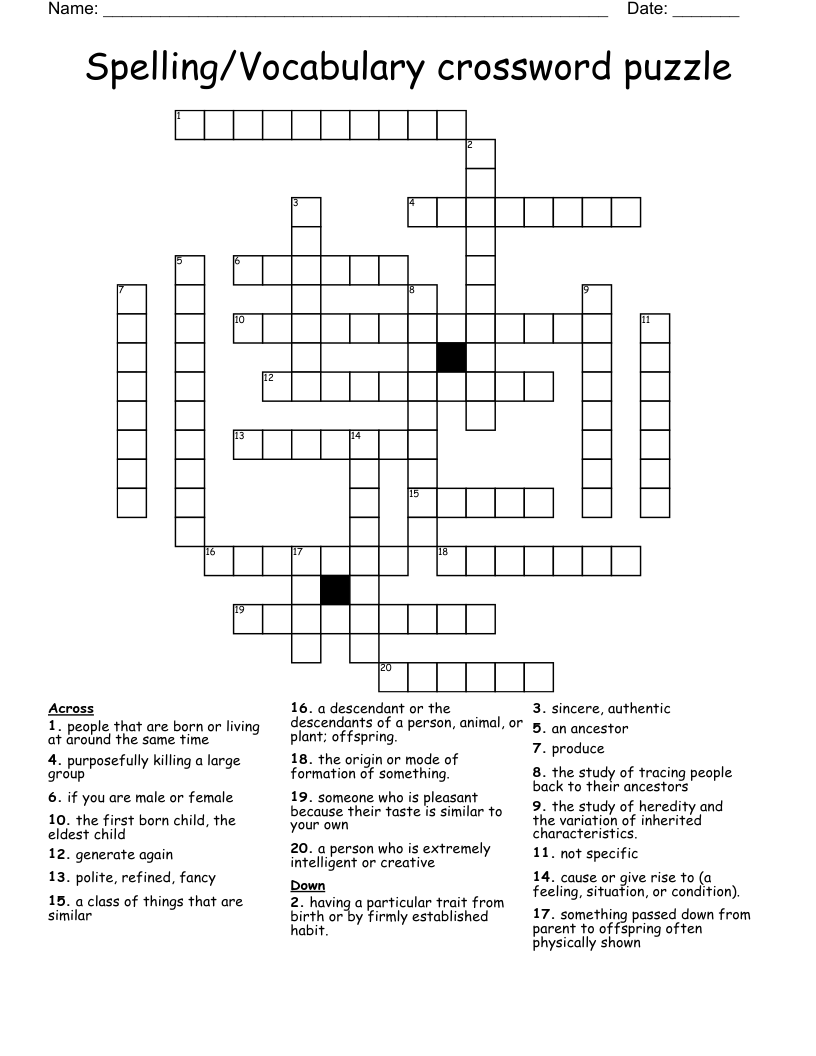 Spelling/Vocabulary crossword puzzle