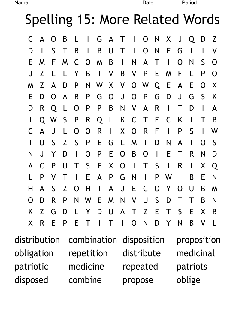 Spelling 15: More Related Words Word Search