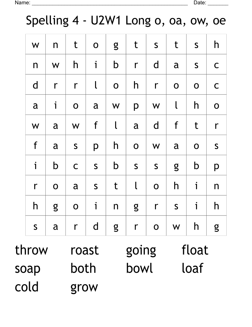 Spelling 4 - U2W1 Long o, oa, ow, oe Word Search