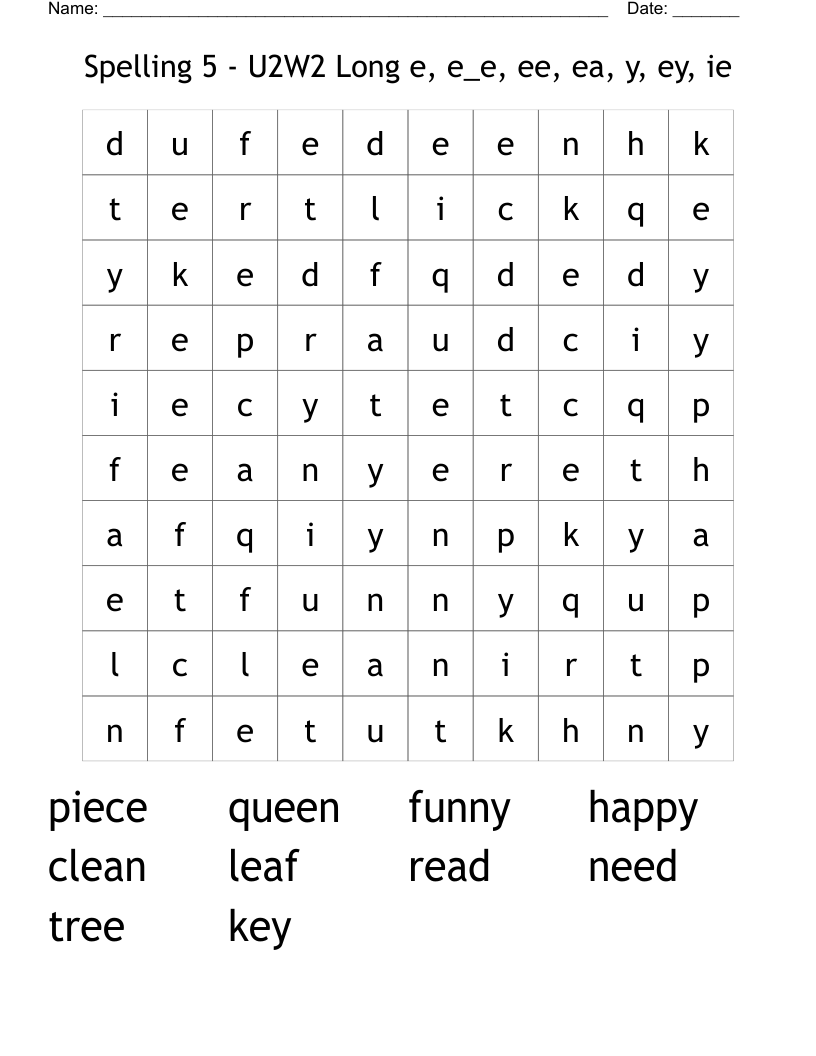Spelling 5 - U2W2 Long e, e_e, ee, ea, y, ey, ie Word Search