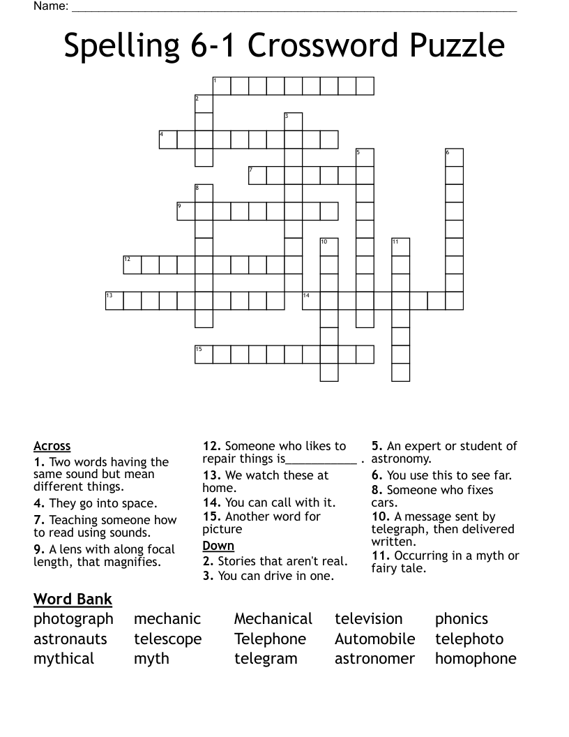 Spelling 6-1 Crossword Puzzle 