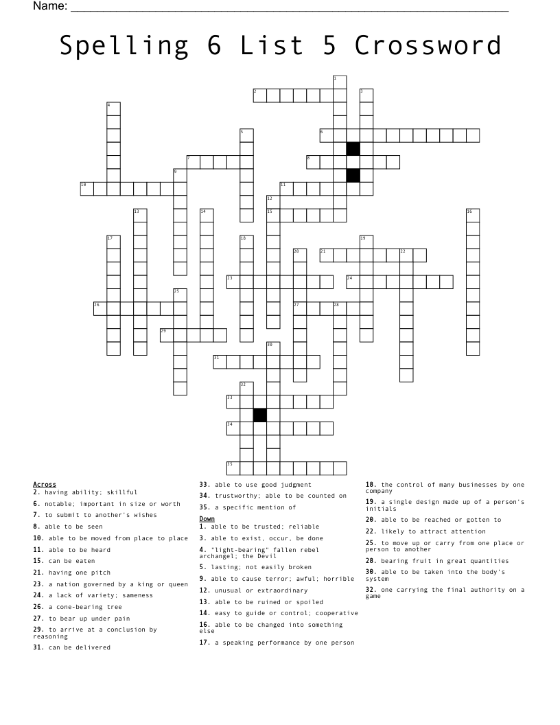 Spelling 6 List 5 Crossword