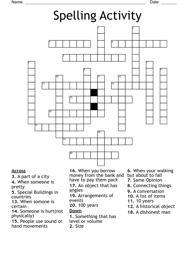 Spelling Activity Crossword