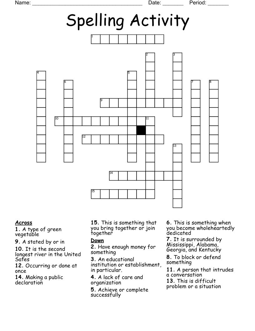 Spelling Activity  Crossword