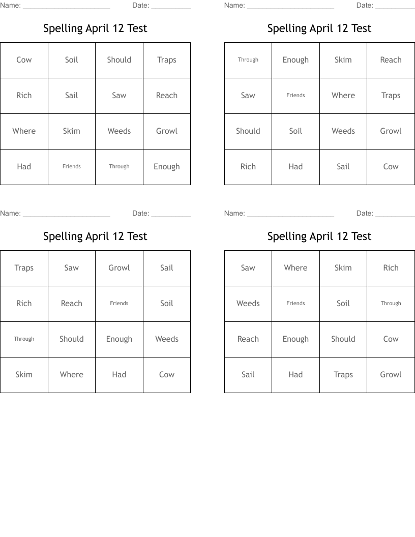 Spelling April 12 Test Bingo Cards