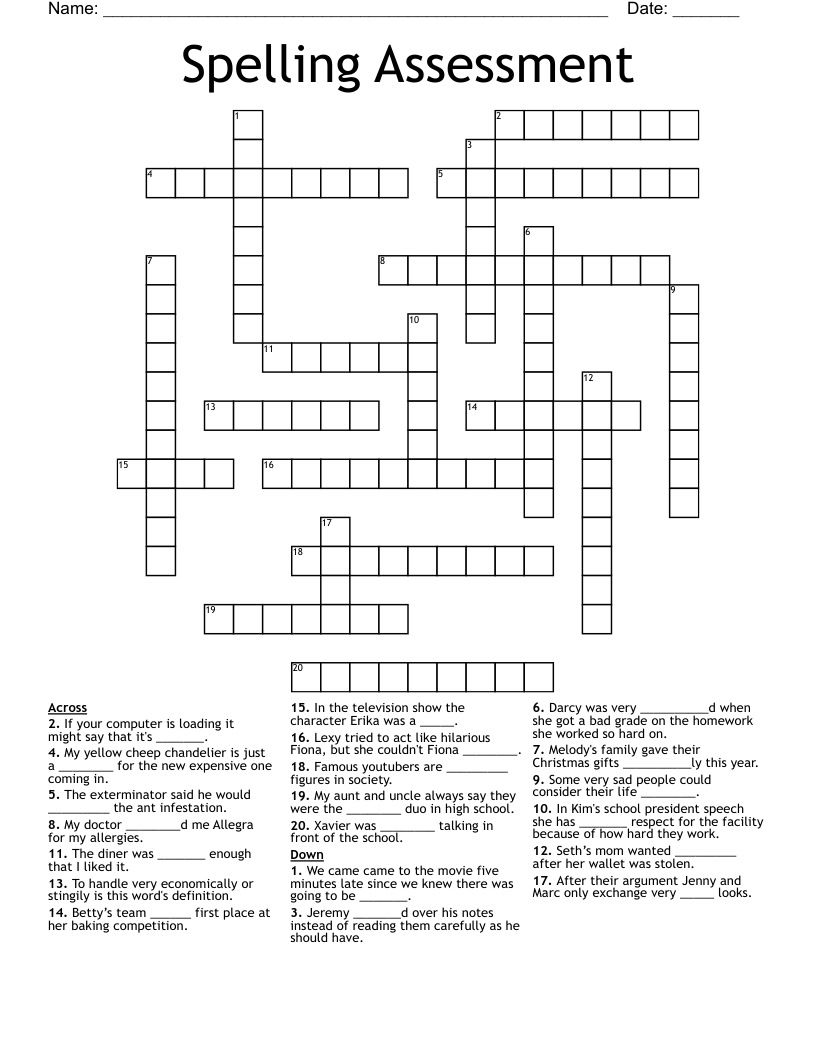 Spelling Assessment Crossword