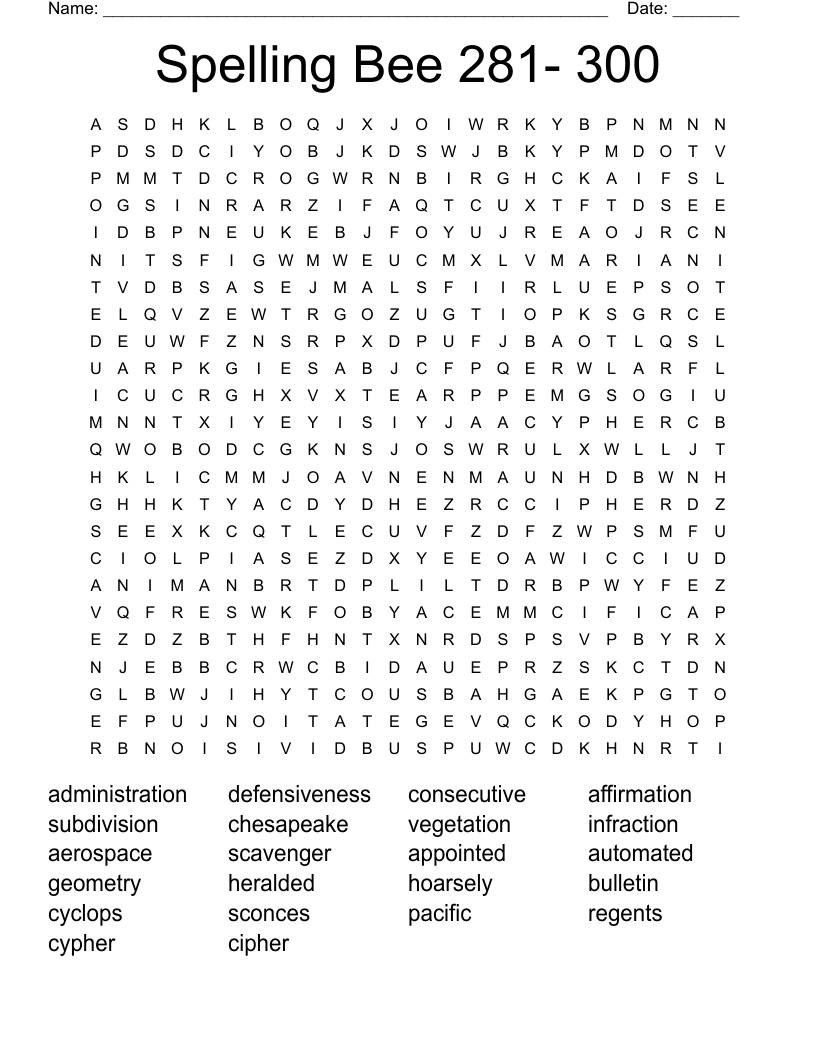 Spelling Bee 281- 300 Word Search