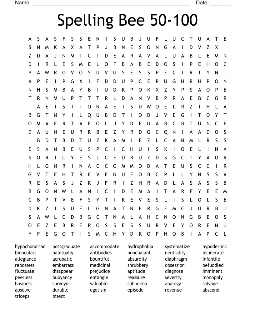 Spelling Bee 50-100 Word Search