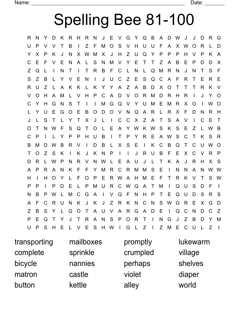 Spelling Bee 81-100 Word Search