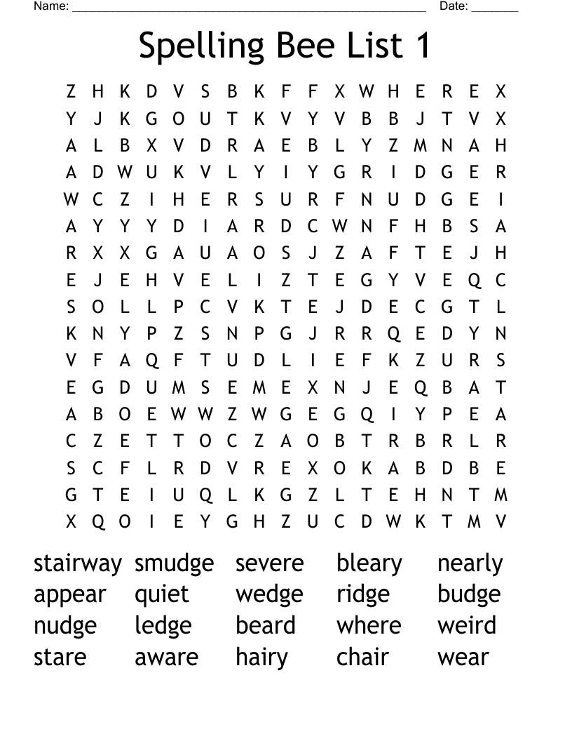 Spelling Bee List 1 Word Search