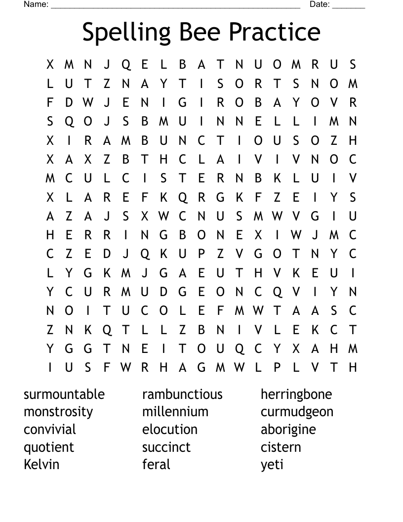 Spelling Bee Practice Word Search