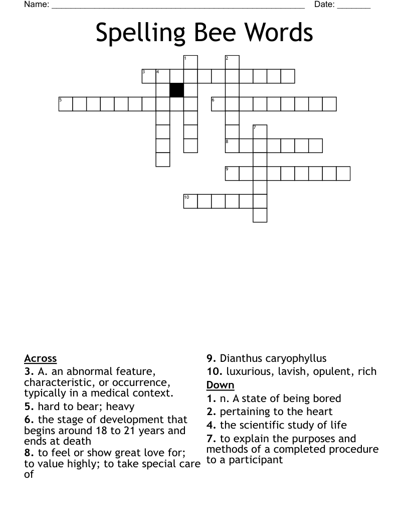 Spelling Bee Words Crossword