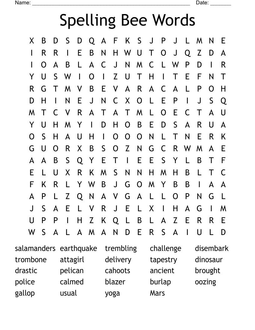 Spelling Bee Words Word Search