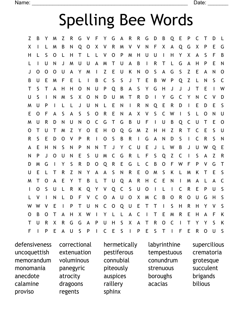 Spelling Bee Words Word Search