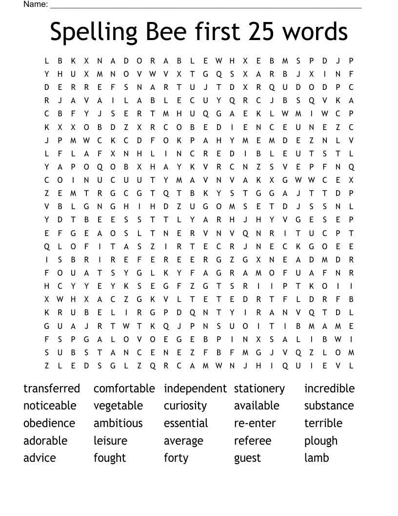Spelling Bee first 25 words Word Search