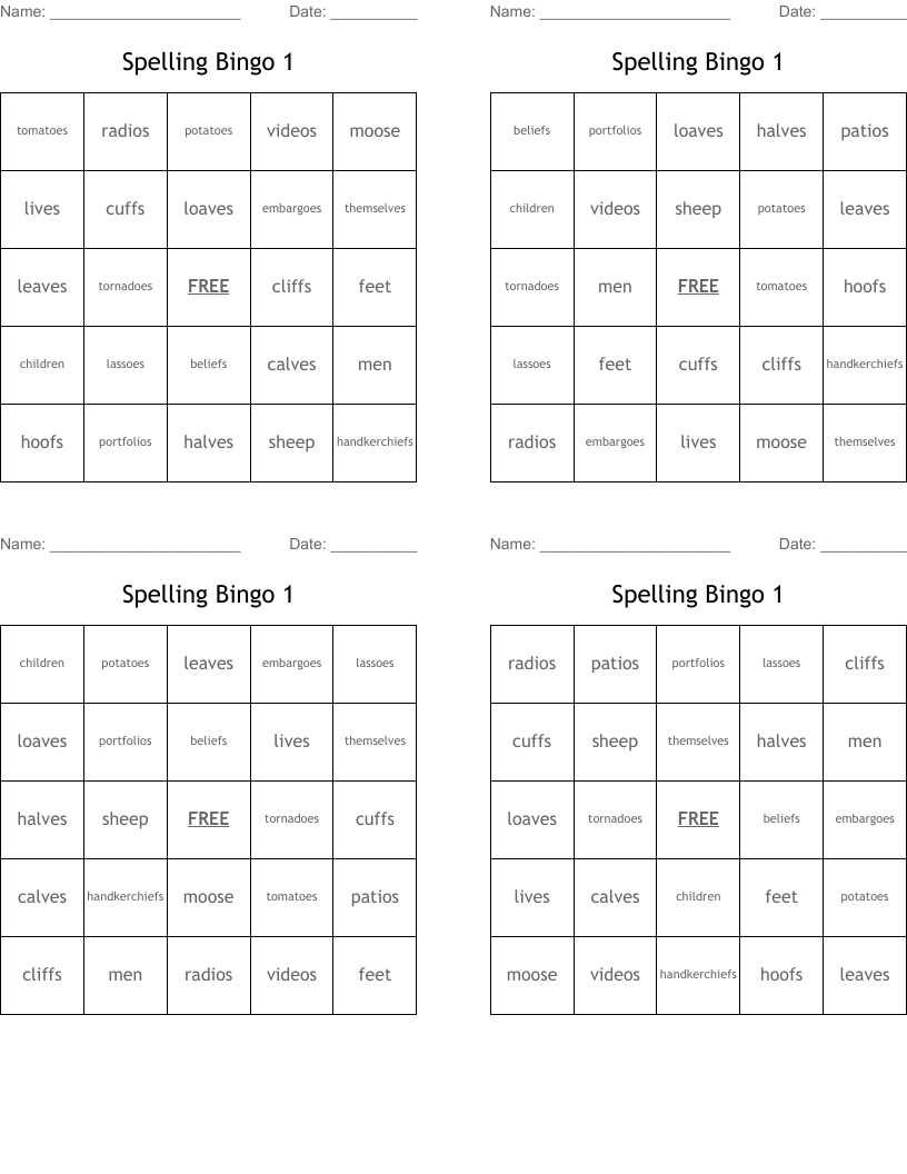Spelling Bingo 1