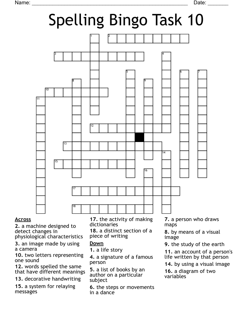 Spelling Bingo Task 10 Crossword