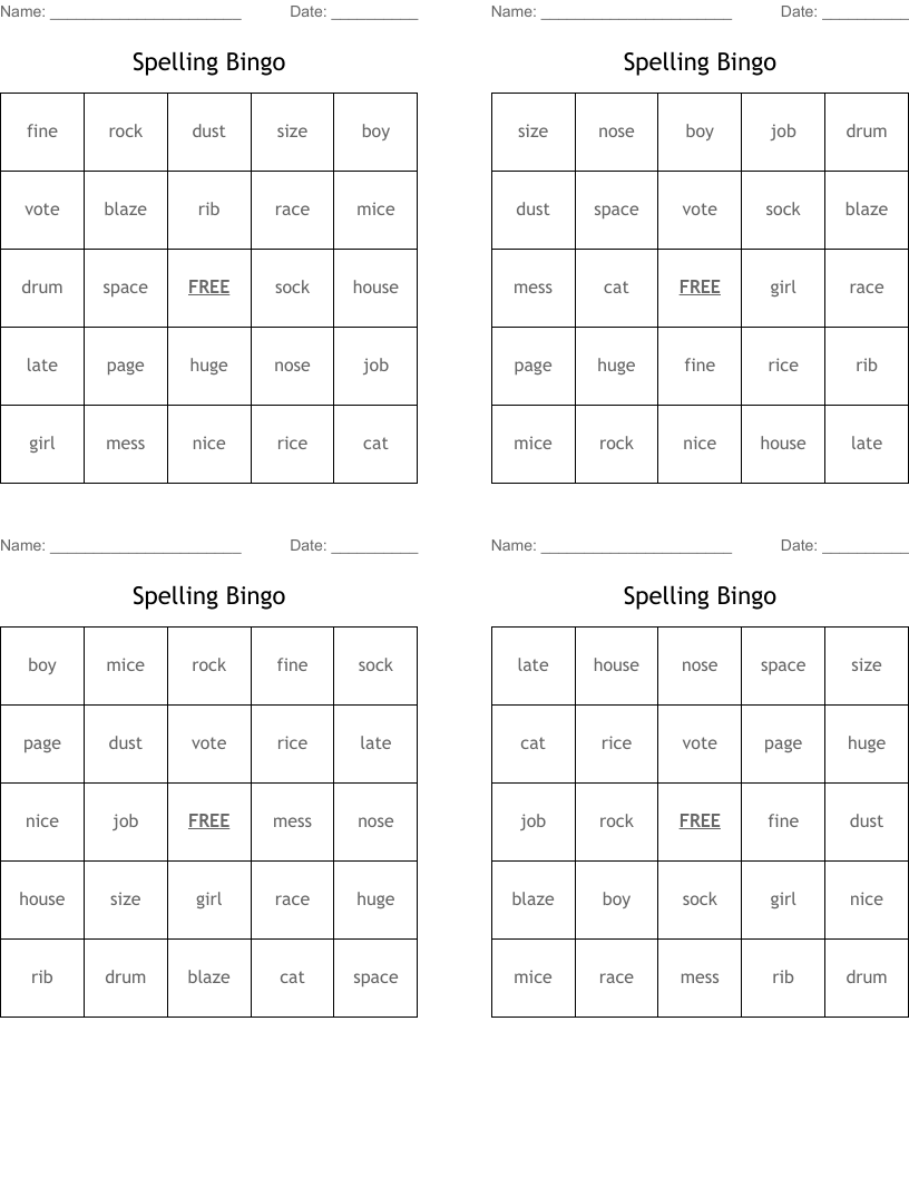 Spelling Bingo 