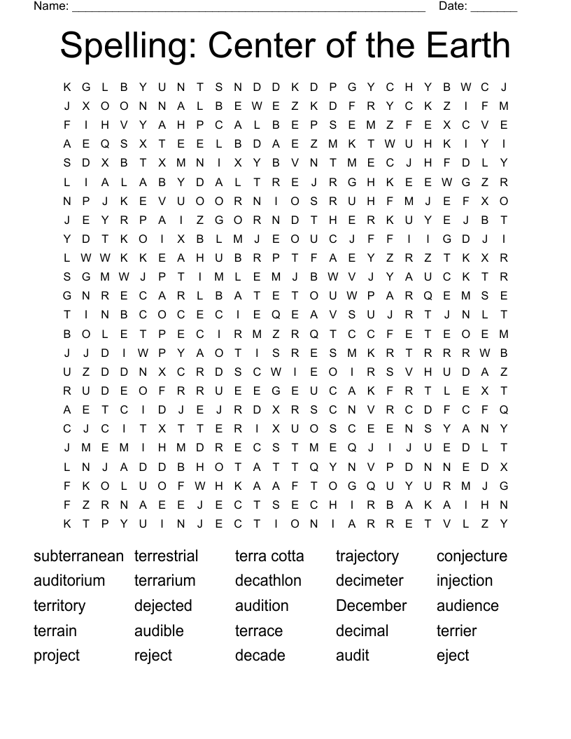 Spelling: Center of the Earth Word Search