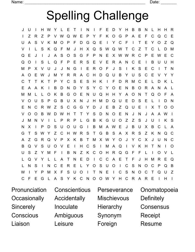 Spelling Challenge Word Search