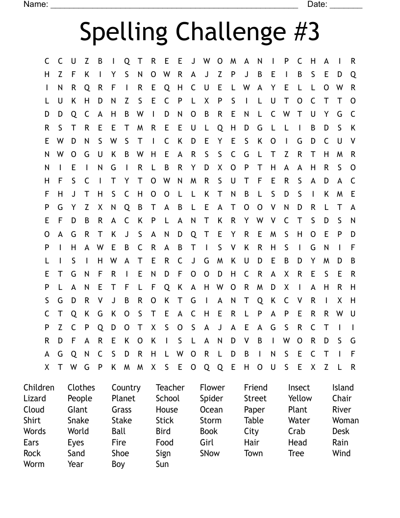 Spelling Challenge #3 Word Search
