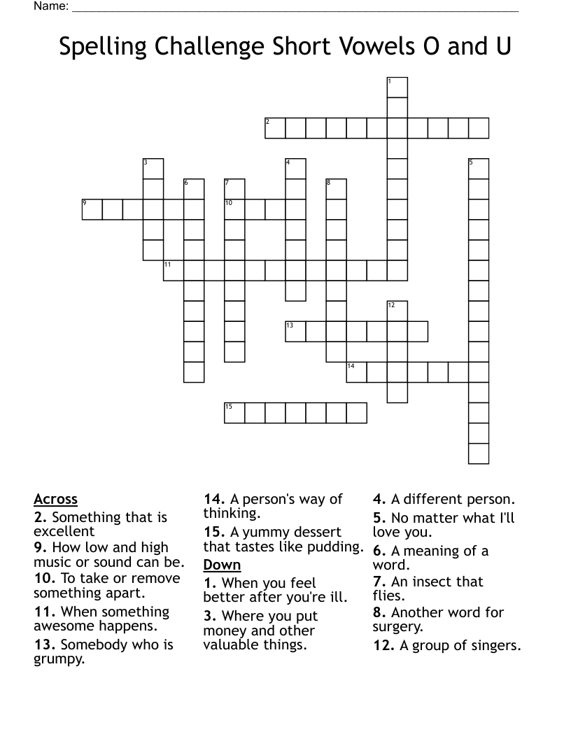 Spelling Challenge Short Vowels O and U Crossword