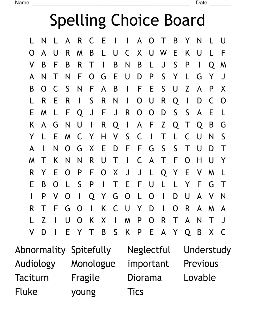 Spelling Choice Board Word Search