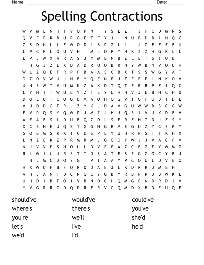Spelling Contractions Word Search