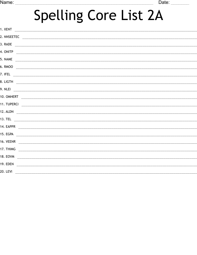 Spelling Core List 2A Word Scramble