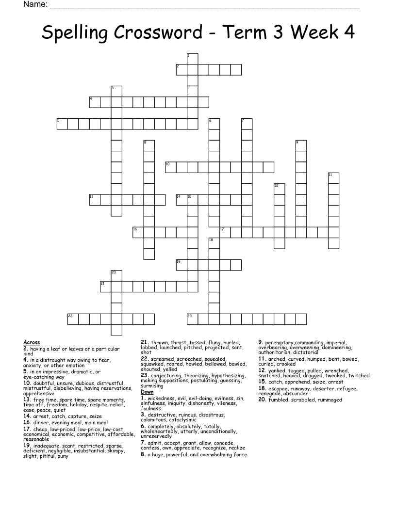 Spelling Crossword - Term 3 Week 4