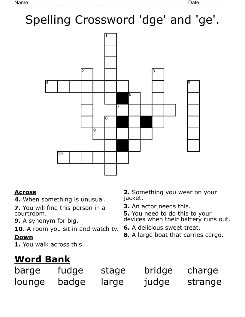 Spelling Crossword 'dge' and 'ge'.