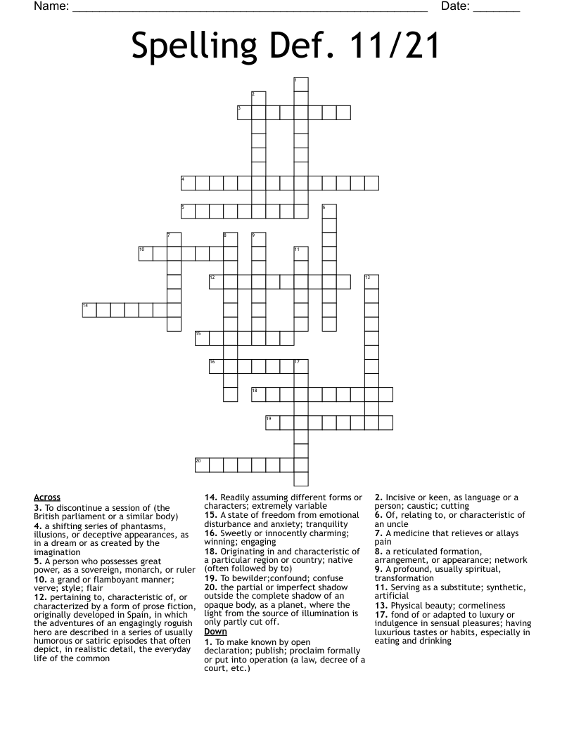 Spelling Def. 11/21 Crossword