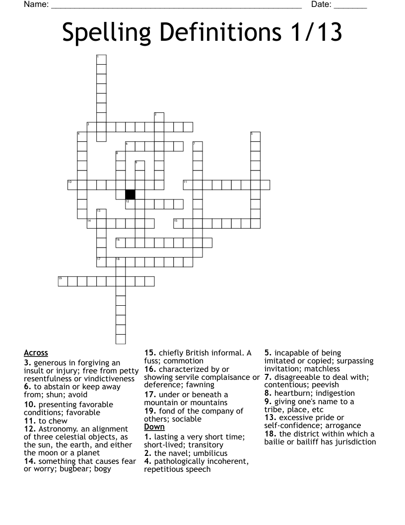 Spelling Definitions 1/13 Crossword