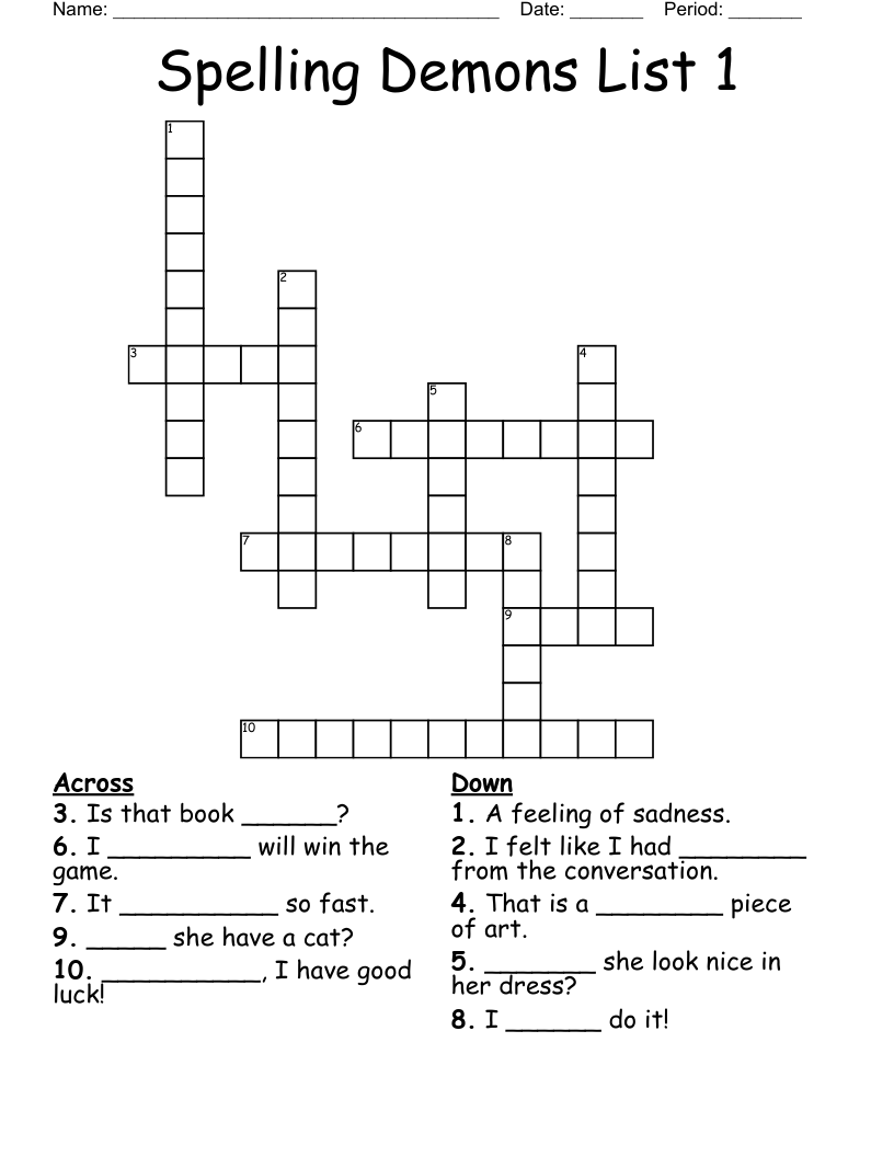 Spelling Demons List 1 Crossword