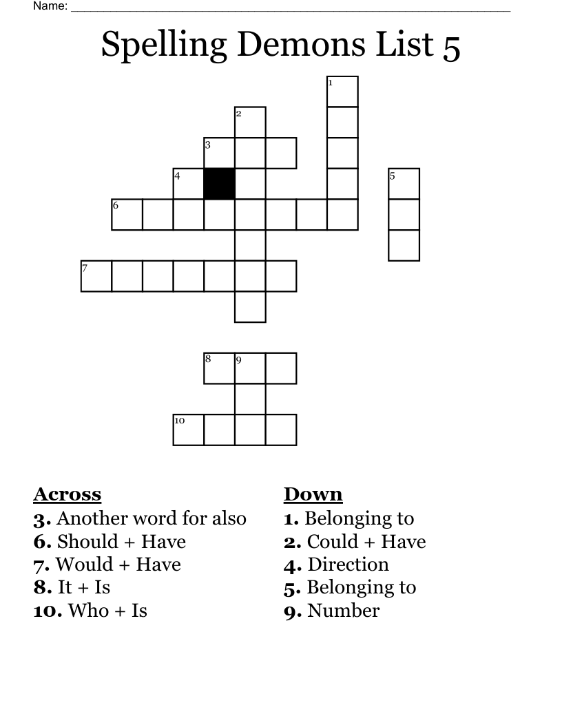 Spelling Demons List 5 Crossword