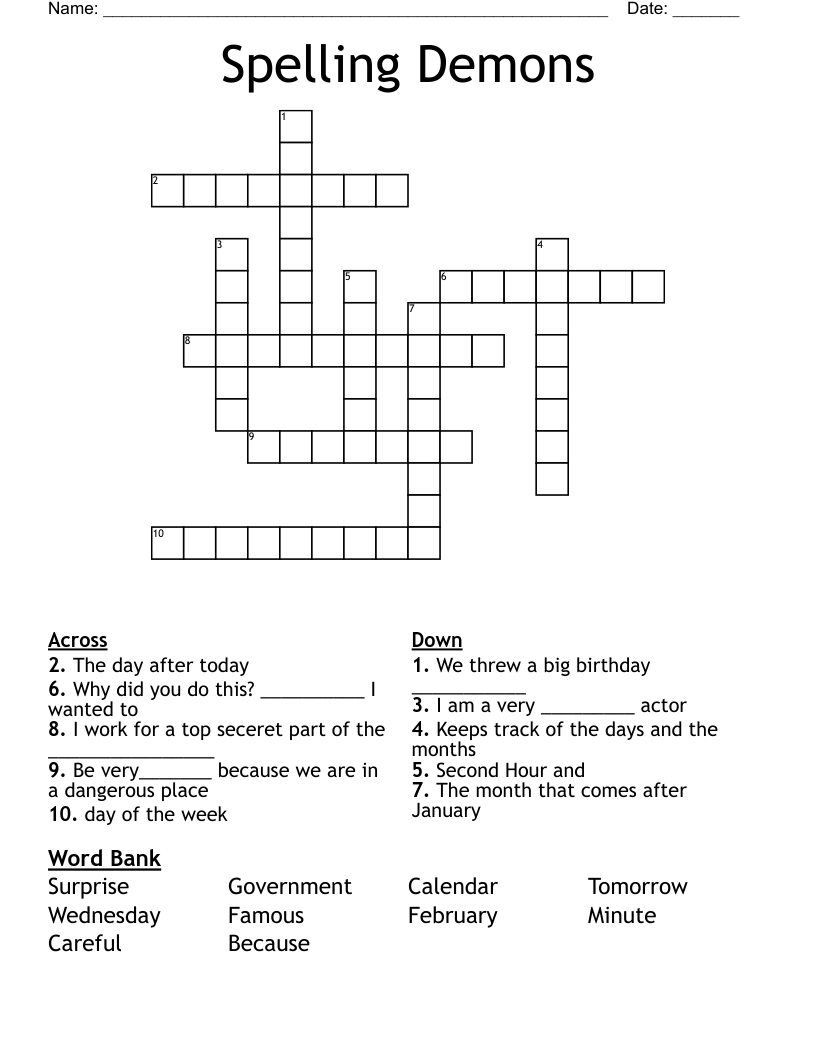 Spelling Demons  Crossword