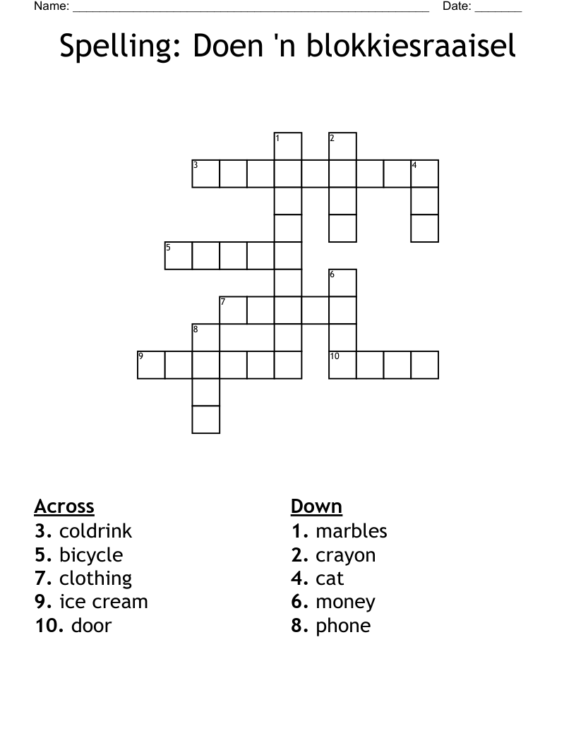 Spelling: Doen 'n blokkiesraaisel Crossword