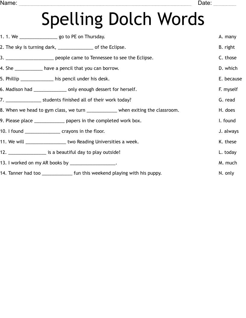 Spelling Dolch Words Worksheet