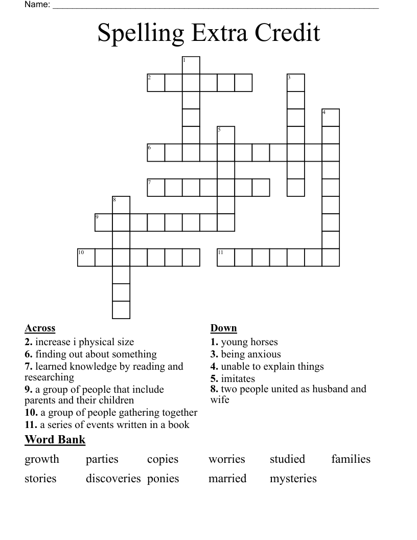 Spelling Extra Credit Crossword