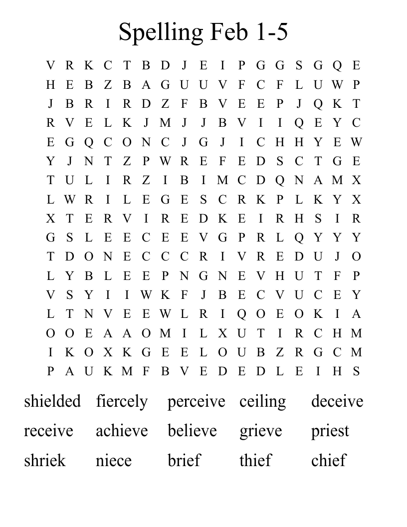 Spelling Feb 1-5 Word Search