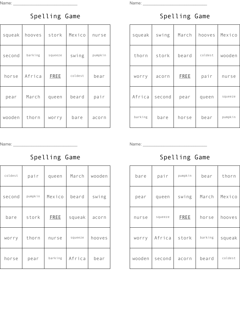 Spelling Game Bingo Cards