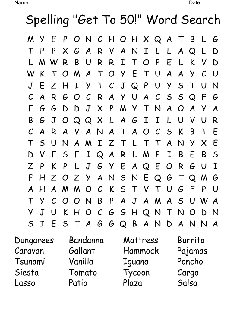 Spelling "Get To 50!" Word Search