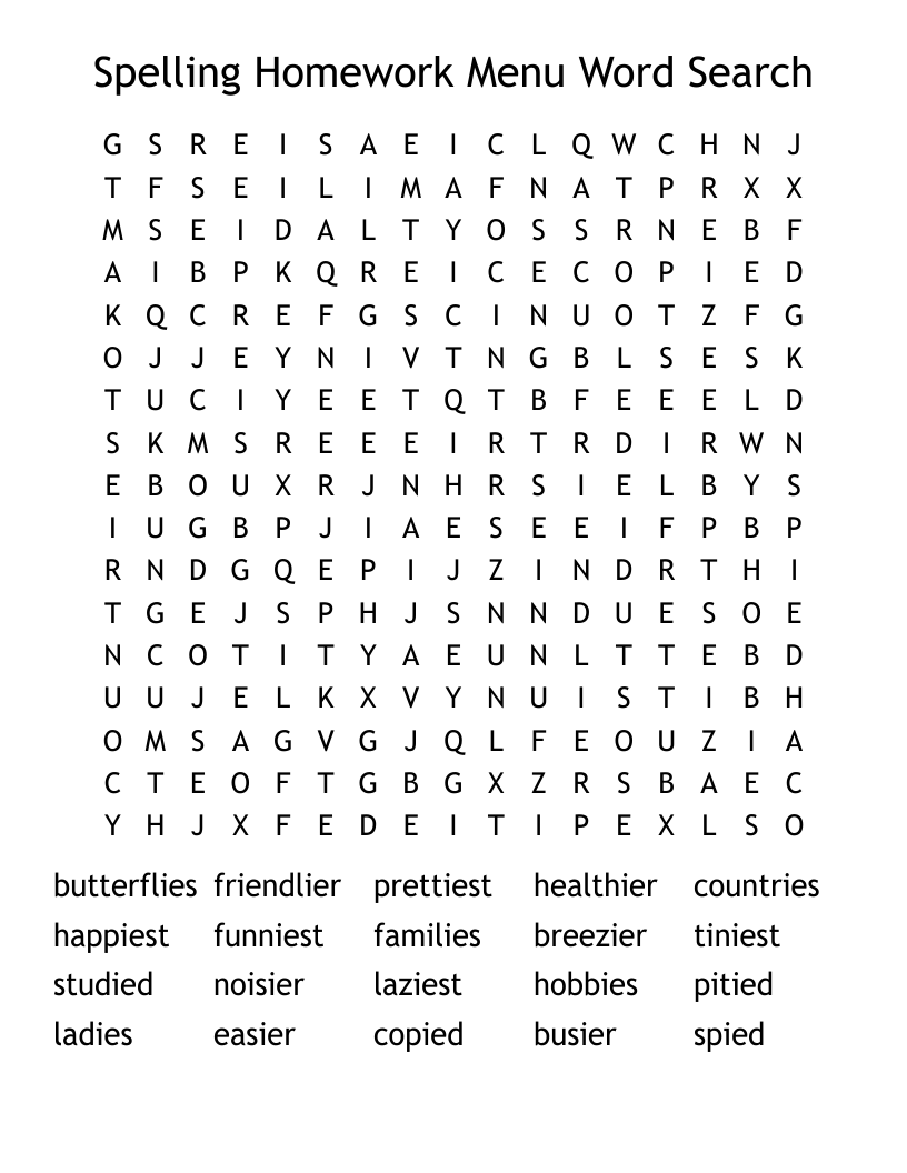 Spelling Homework Menu Word Search