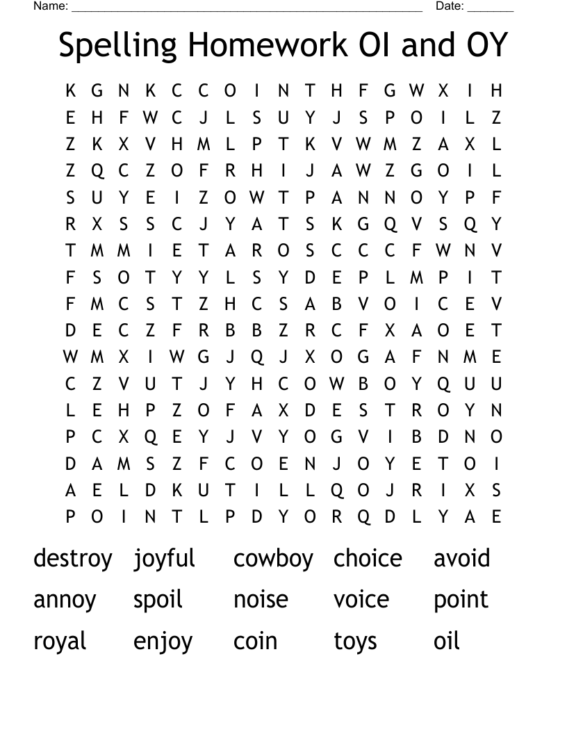 Spelling Homework OI and OY Word Search