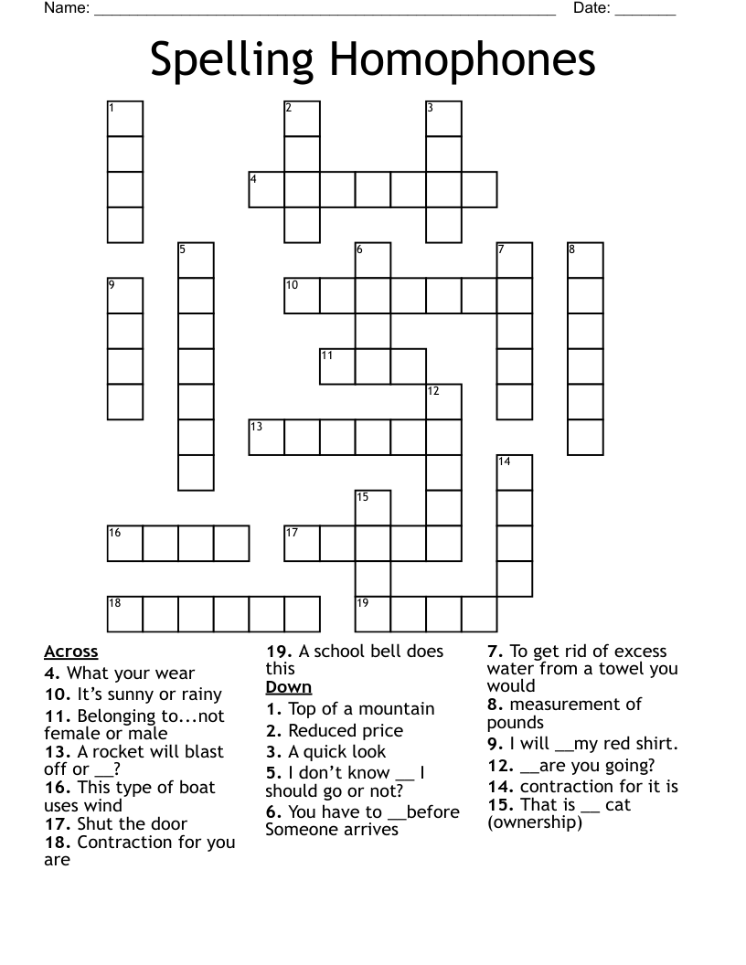 Spelling Homophones  Crossword