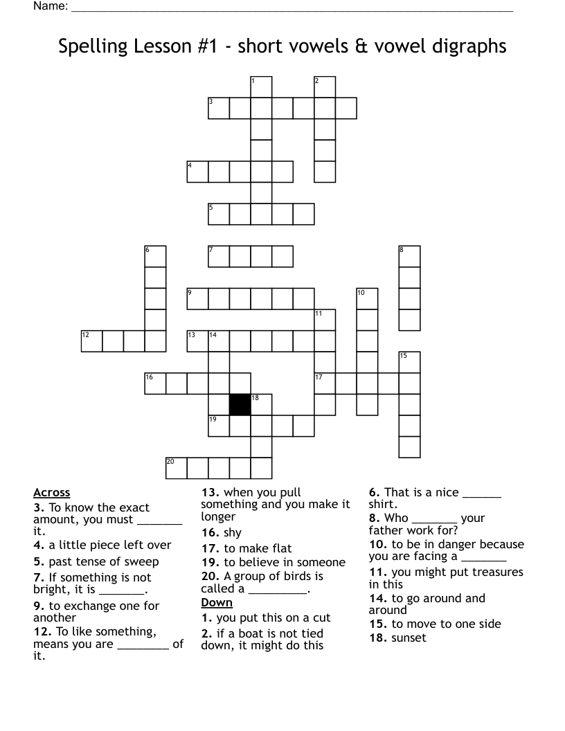 Spelling Lesson #1 - short vowels & vowel digraphs Crossword
