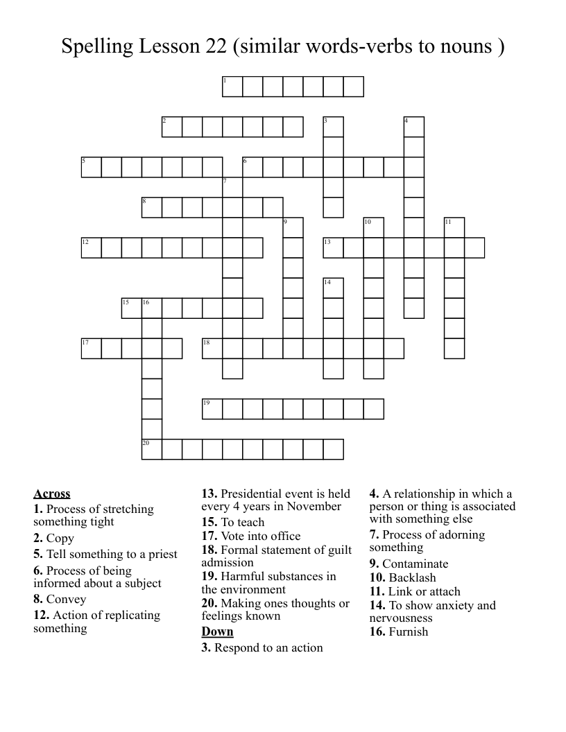 Spelling Lesson 22 (similar words-verbs to nouns )  Crossword